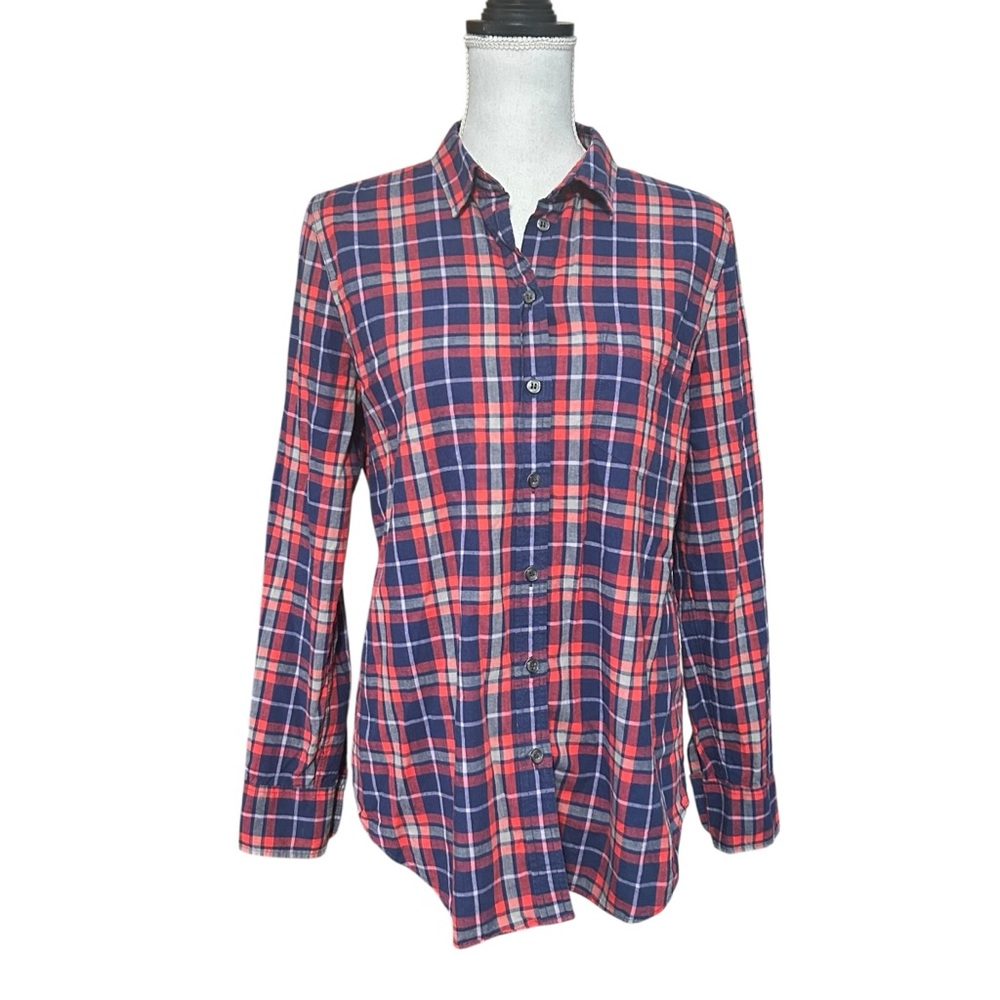 J. Crew BOY FIT Plaid Button Down Shirt Womens Medium Cotton Classic Preppy Red